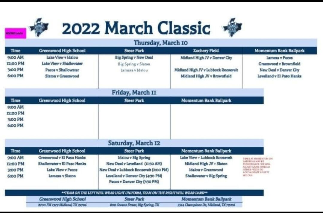 Because of incoming weather on Friday the 2022 March Classic for Baseball schedule has changed
